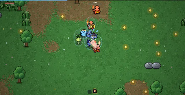 Shady Forestで敵に囲まれるヒトカゲ。戦闘エフェクトとダメージ数値が表示されています