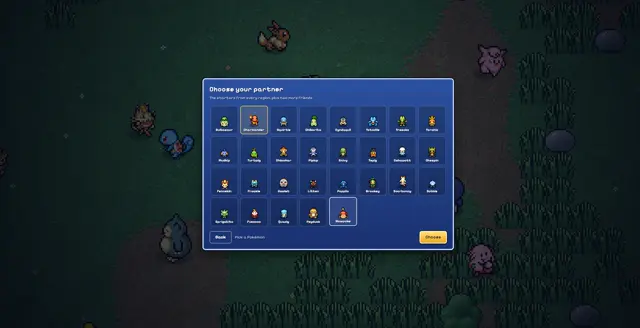 最初のパートナーとなるポケモンを表示したゲーム内選択画面